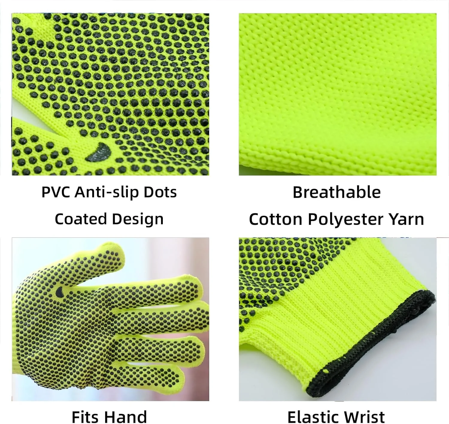 دستکش کار ایمنی KASTWAVE، 12 جفت دستکش کار نخی دید بالا با نقاط ضد لغزش برای مردان و زنان، دستکش بافتنی نخی تنفسی برای باغبانی، انبارداری، ساخت و ساز، مکانیکی، سایز آزاد