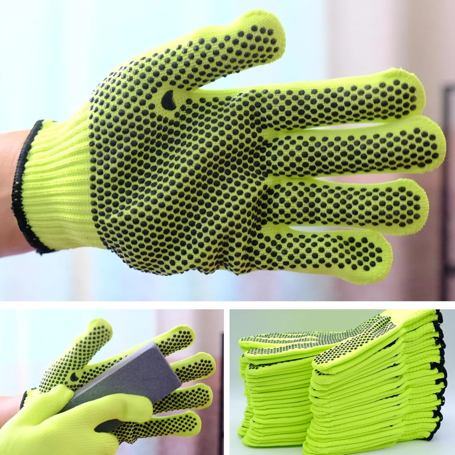 دستکش کار ایمنی KASTWAVE، 12 جفت دستکش کار نخی دید بالا با نقاط ضد لغزش برای مردان و زنان، دستکش بافتنی نخی تنفسی برای باغبانی، انبارداری، ساخت و ساز، مکانیکی، سایز آزاد