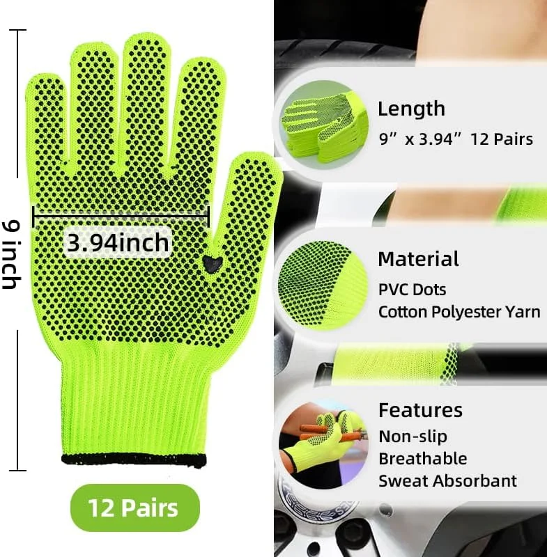 دستکش کار ایمنی KASTWAVE، 12 جفت دستکش کار نخی دید بالا با نقاط ضد لغزش برای مردان و زنان، دستکش بافتنی نخی تنفسی برای باغبانی، انبارداری، ساخت و ساز، مکانیکی، سایز آزاد