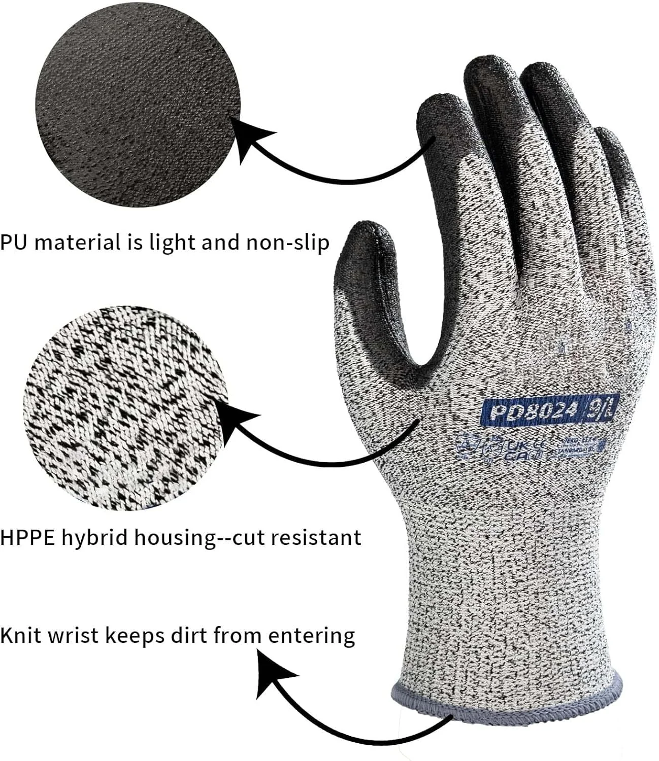 دستکش کار مقاوم در برابر برش KASTWAVE، دستکش کار ایمنی با روکش PU در کف دست، دستکش کار چند منظوره ساختمانی انبار (3 جفت)