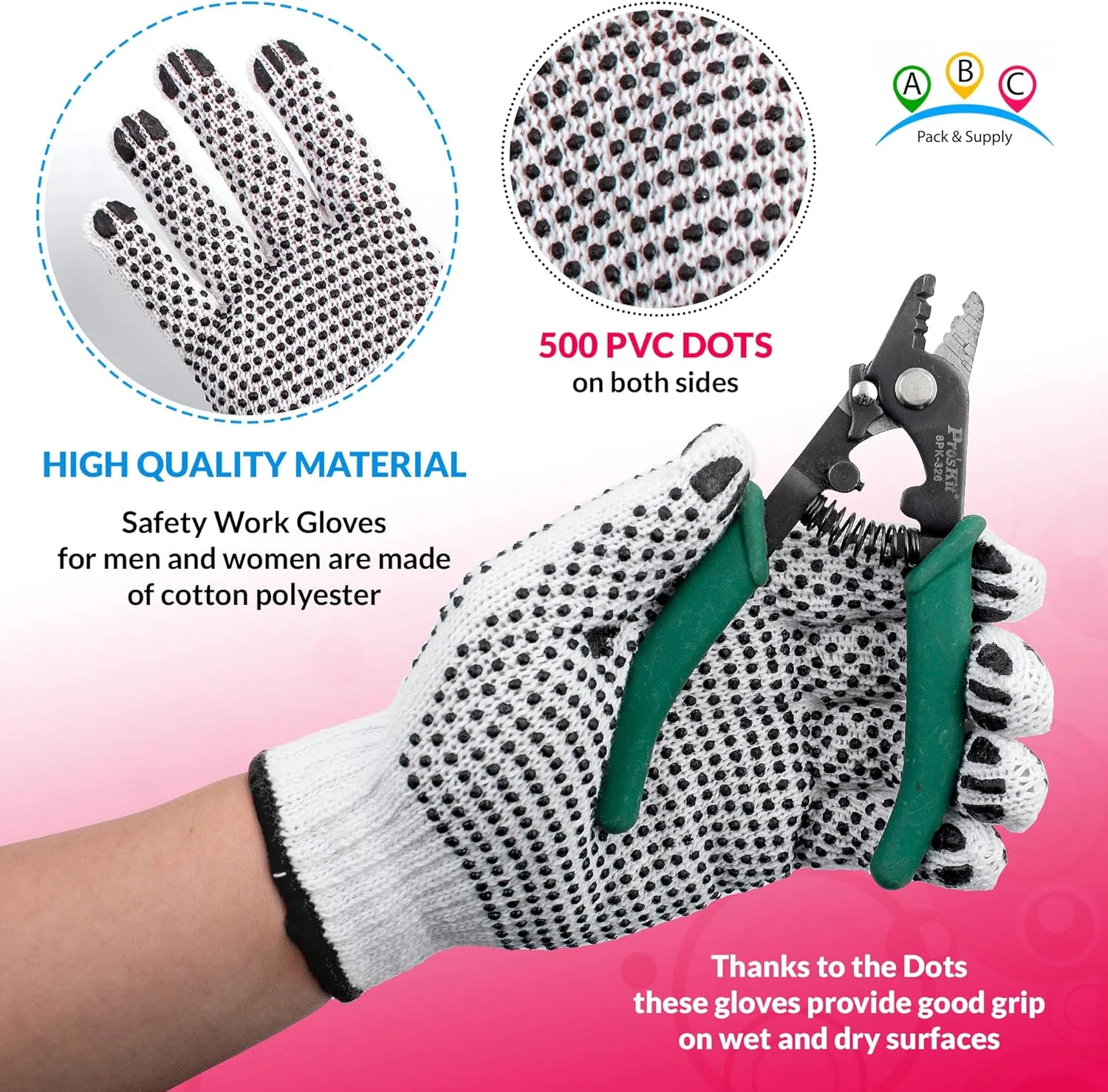 دستکش کار ایمنی KASTWAVE، دستکش های PVC خالدار دو طرفه ABC. دستکش کار بافتنی نخی سفید. دستکش کار نخی خالدار برای ساخت و ساز و باغبانی