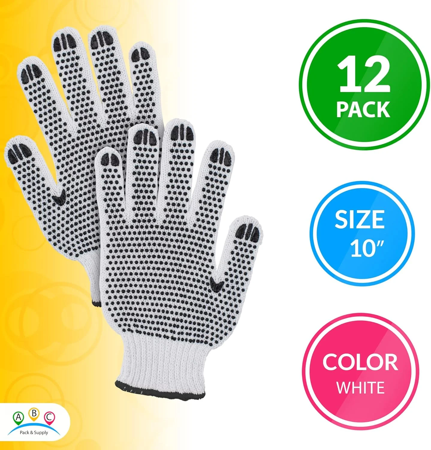 دستکش کار ایمنی KASTWAVE، دستکش های PVC خالدار دو طرفه ABC. دستکش کار بافتنی نخی سفید. دستکش کار نخی خالدار برای ساخت و ساز و باغبانی