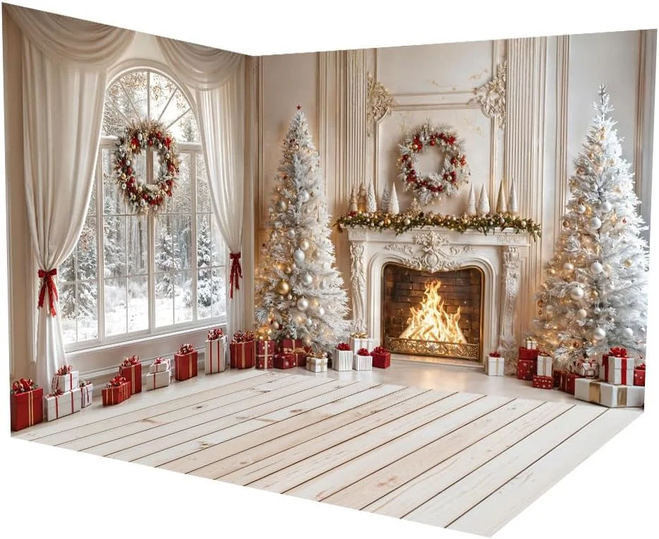 پس زمینه دکوری صحنه کریسمس کیت، پرده سفید، شومینه، درخت کریسمس، کف چوبی، دکوراسیون داخلی، پس زمینه عکاسی، ست اتاق (3 متر در 2 متر و 3 متر در 2 متر)