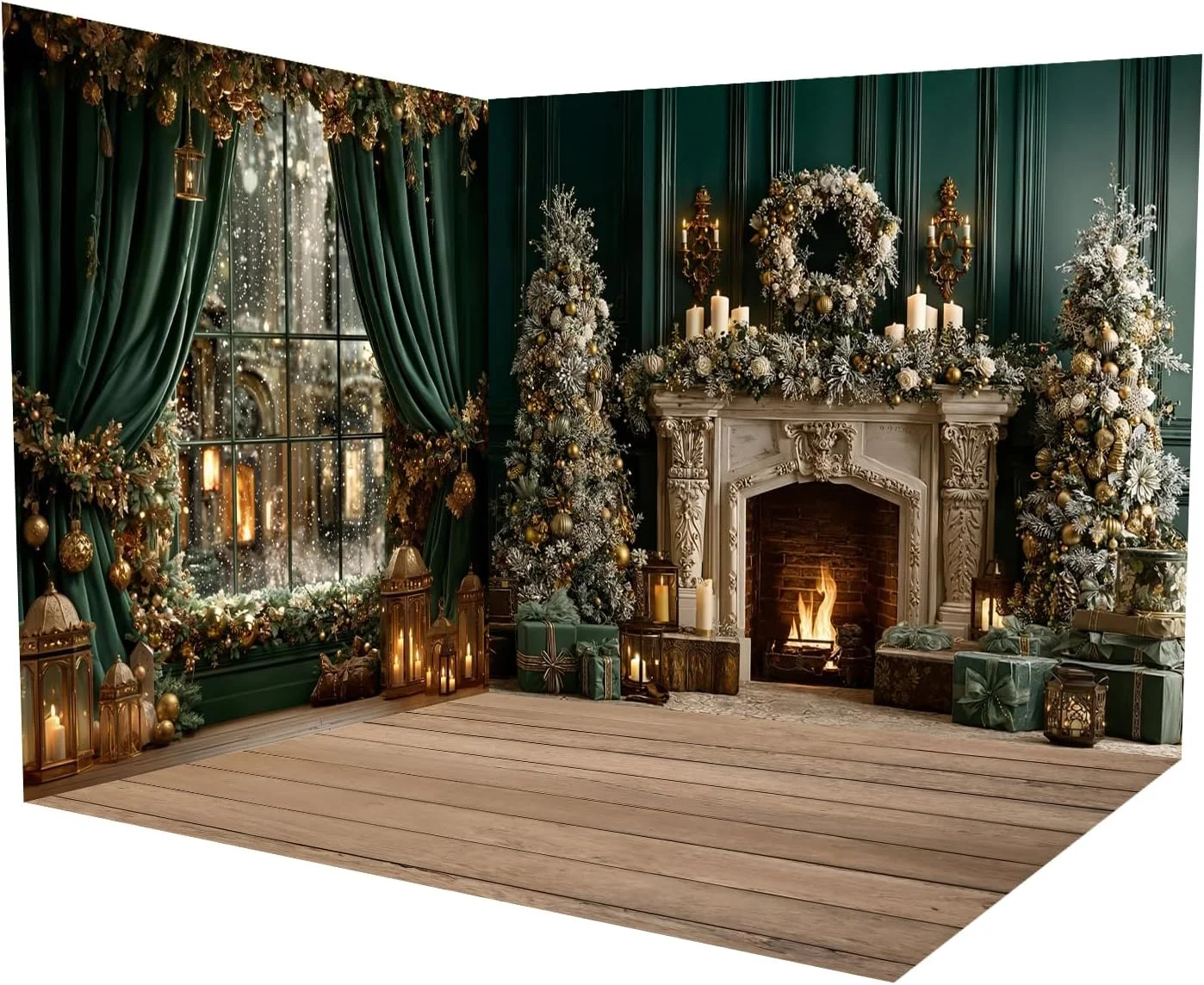 پس زمینه کریسمس کیت، پرده سبز، شومینه پنجره ای با پس زمینه عکس کریسمس کف چوبی، مجموعه 3 تکه پس زمینه اتاق 8x8 فوت و 10x8 فوت و 10x8 فوت