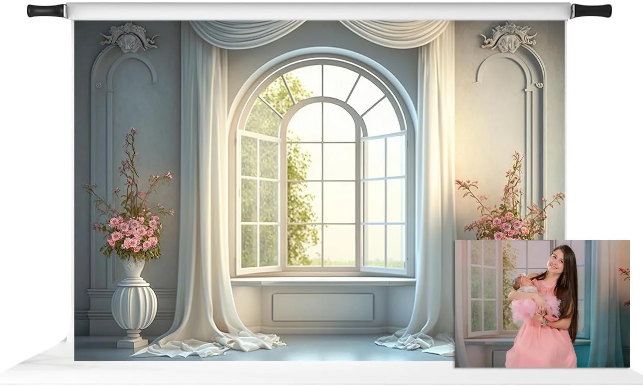 پس زمینه عکاسی پنجره سفید کیت 7x5 فوت برای عروسی، پس زمینه قلعه آفتابی برای دکوراسیون داخلی اتاق عروس، لوازم استودیوی عکس