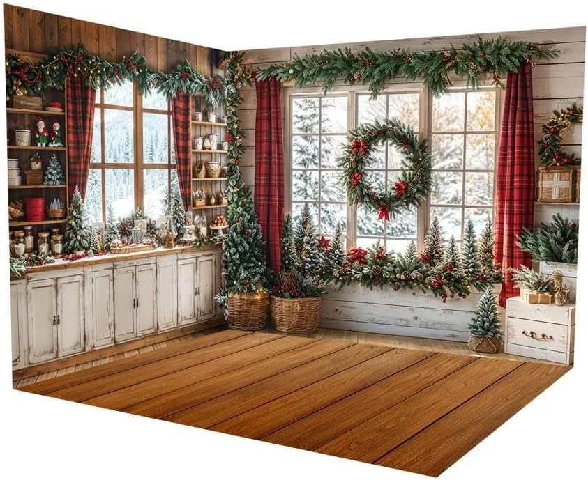 پس زمینه عکاسی کریسمس کیت، پنجره آشپزخانه، پس زمینه پرده قرمز با کف چوبی، 3 تکه پس زمینه 2.4x2.4 متر و 3x2.4 متر و 3x2.4 متر