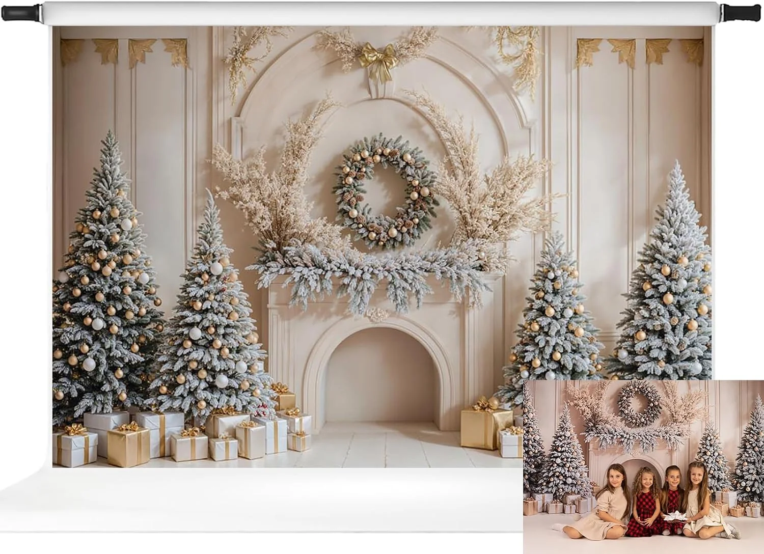 پس زمینه عکاسی شومینه کریسمس کیت، درختان کریسمس بوهو، جعبه هدیه، دکور مهمانی تعطیلات، لوازم جانبی عکس، 10x6.5 فوت