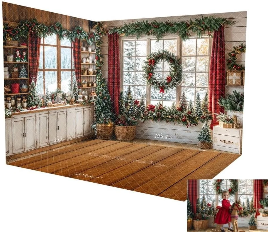 پس زمینه های دکور کریسمس کیت، تاج گل، پرده، مناسب برای اتاق (سایزهای 2.4x2.4 متر، 3x2.4 متر، 3x2.4 متر)