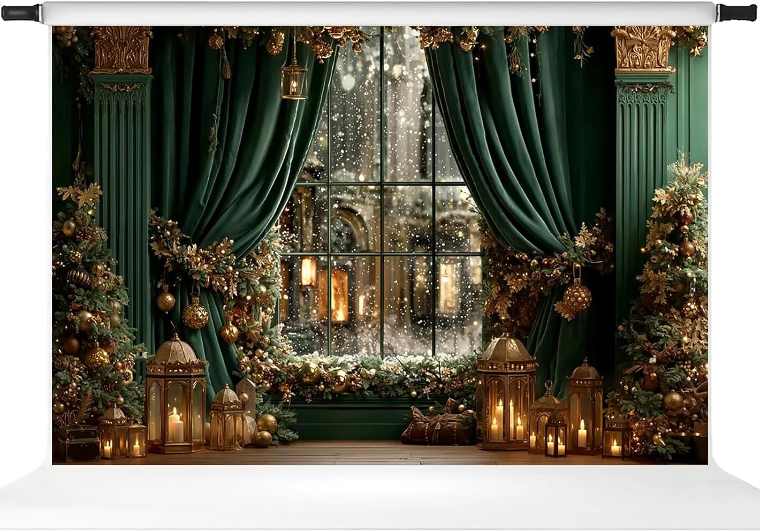 پس زمینه های کریسمس کیت، پنجره، پرده سبز، پس زمینه عکس، دکوراسیون جشن کریسمس، لوازم استودیو، 3x2 متر