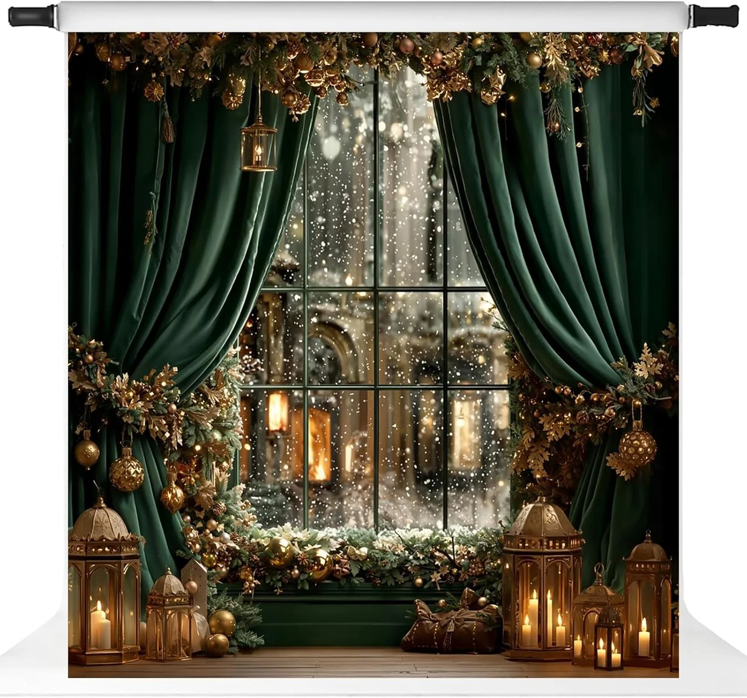 پس زمینه کریسمس کیت، پنجره پرده سبز، پس زمینه عکس، دکوراسیون مهمانی کریسمس، لوازم استودیو، 3x3 متر