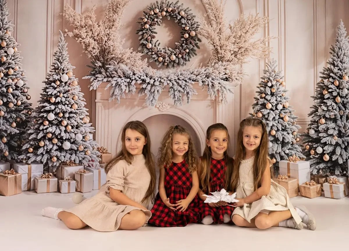 پس زمینه عکاسی شومینه کریسمس کیت، درختان کریسمس بوهو، جعبه هدیه، دکور مهمانی تعطیلات، لوازم جانبی عکس، 10x6.5 فوت