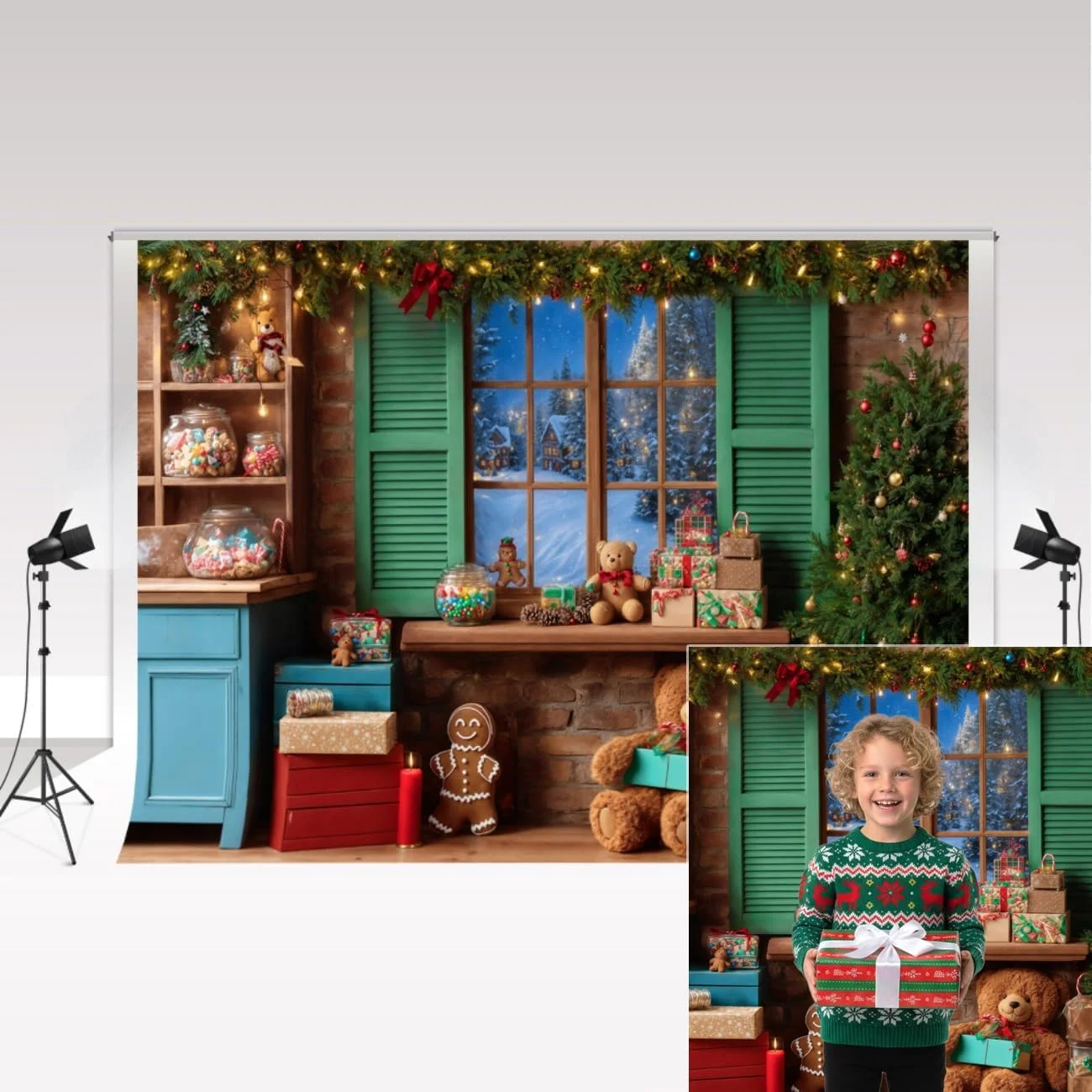 پس زمینه های عکاسی کریسمس کیت، 3x2 متر، درخت کریسمس، خرس، پنجره، آب نبات، لوازم داخلی، پس زمینه پرتره تولد کودکان، استودیوی عکس