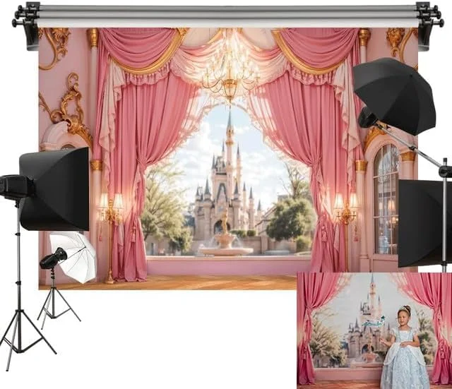 پس زمینه قلعه کیت 3x2 متر برای عکاسی، پرده های صورتی، پس زمینه پارچه ای چاپ شده با کامپیوتر، لوازم استودیویی عکس و فیلم