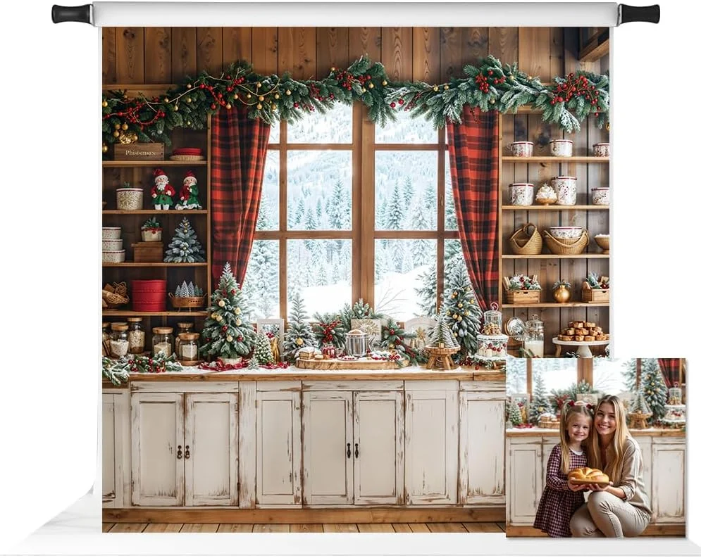 پس زمینه آشپزخانه کریسمس کیت برای عکاسی درخت برفی پرده قرمز پس زمینه عکس پارچه استودیو 2.4x2.4 متر