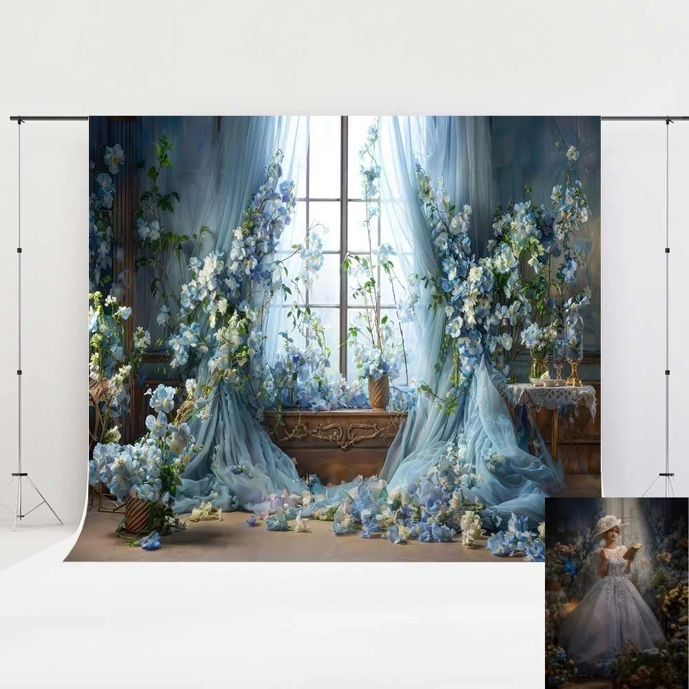 پرده گل آبی کیت، پس زمینه رمانتیک و رترو برای اتاق، پنجره، جشن تولد، عروسی، مناسب برای عکاسی، ابعاد 7x5 فوت
