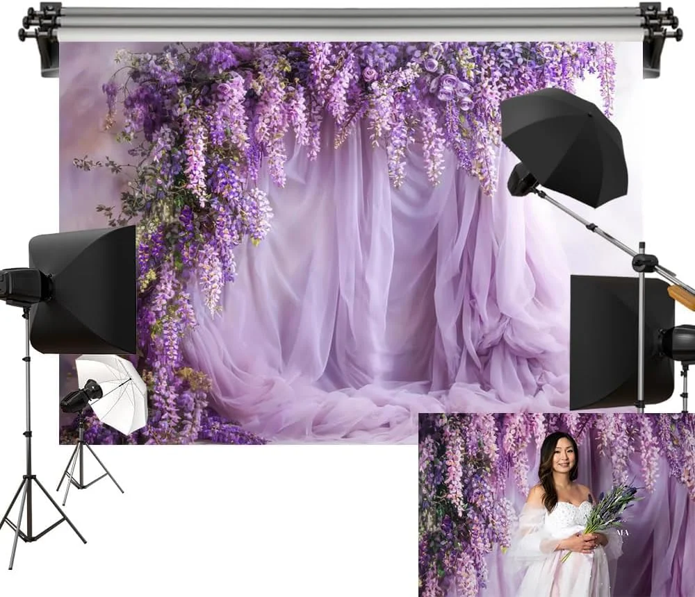 پرده پس زمینه گل های ویستریا بنفش کیت، پس زمینه عکاسی دکوراسیون بهاری گلدار برای تولد و عروسی، 3x2.5 متر