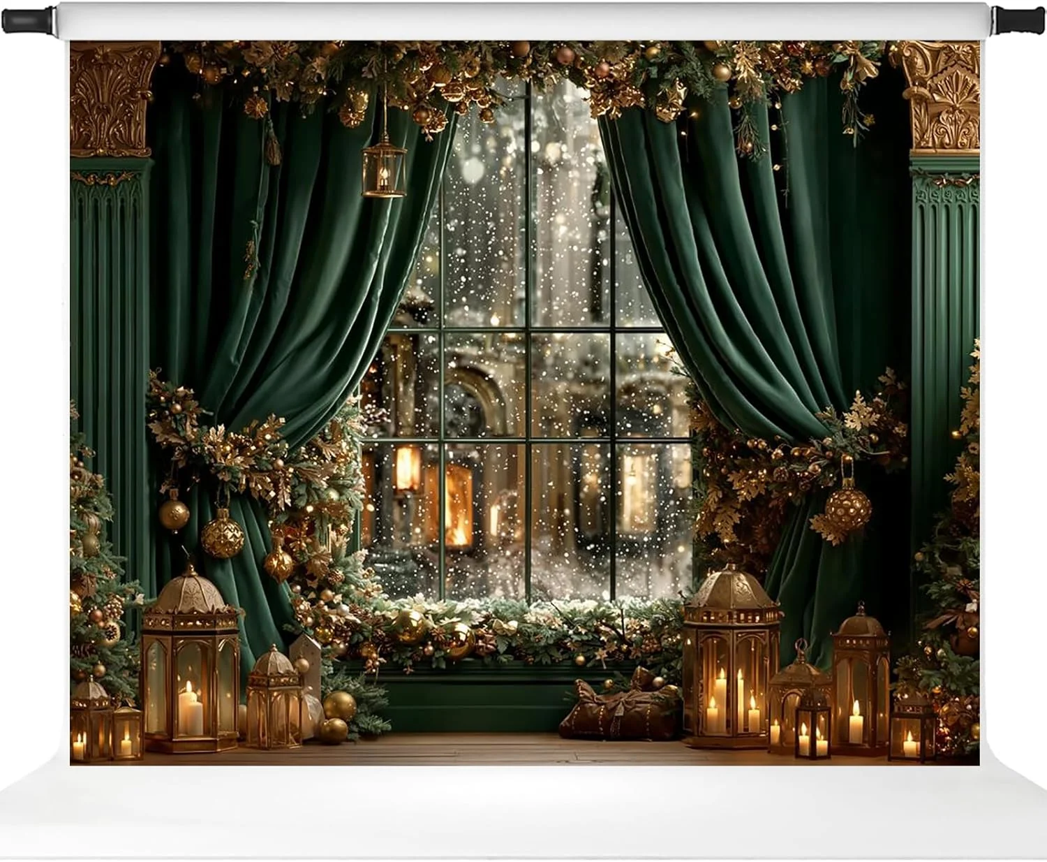 پس زمینه کریسمس کیت، پرده پنجره سبز، پس زمینه عکس، دکوراسیون مهمانی کریسمس، لوازم استودیو، 3x2.4 متر
