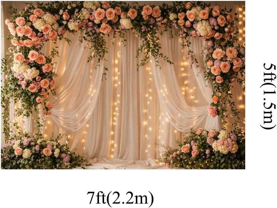 پرده تزئینی توری صورتی Kate با ابعاد 7x5 فوت، پس زمینه عکاسی درب گل های صورتی، پس زمینه عکس میز دسر پرتره عروسی