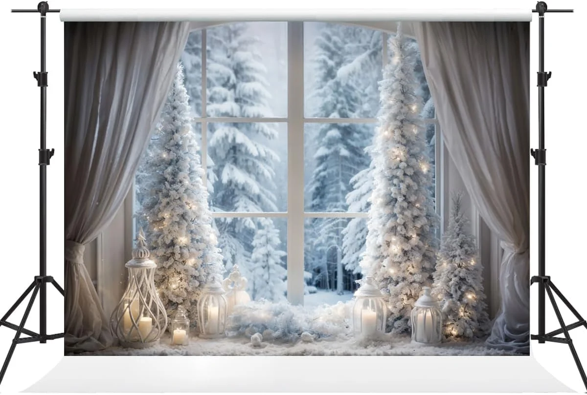 پس زمینه کریسمس کیت 3x2.4 متری، عکاسی پنجره زمستانی، جنگل برفی، پرده، شمع، پس زمینه جشن کریسمس، مهمانی خانوادگی، استودیو عکاسی، لوازم ویدیویی