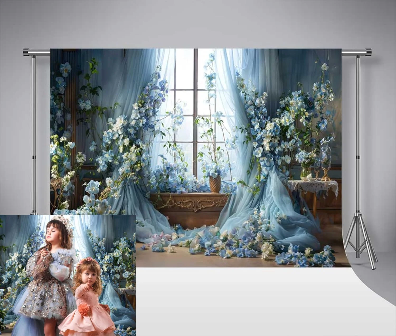 Kate Floral Blue Window Photography Background Wedding Bridal Shower Birthday Party Backdrop Cake Smash Children Adults Photography Photo Studio Props Backgrounds 2.2x1.5m/7x5ft