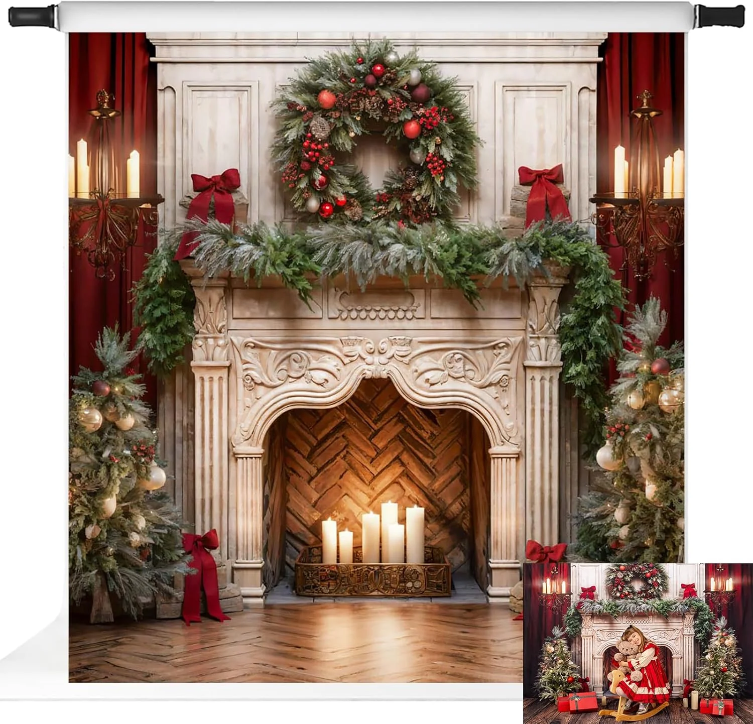پس زمینه کریسمس شومینه با پرده قرمز کیت با تاج گل شمعی، پس زمینه عکس تعطیلات، لوازم استودیوی عکاسی کریسمس میکروفیبر 8x8 فوت