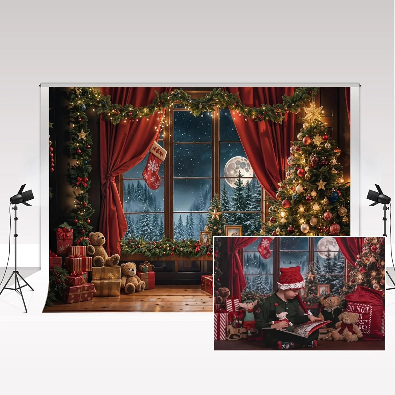 پس زمینه عکاسی کریسمس کیت 3x2.5 متر / 10x8 فوت، شب کریسمس داخلی، درخت کریسمس، پرده های قرمز، هدیه، پرتره تولد کودک، پس زمینه عکس، لوازم استودیو