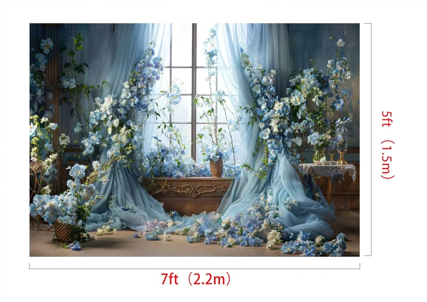 Kate Floral Blue Window Photography Background Wedding Bridal Shower Birthday Party Backdrop Cake Smash Children Adults Photography Photo Studio Props Backgrounds 2.2x1.5m/7x5ft