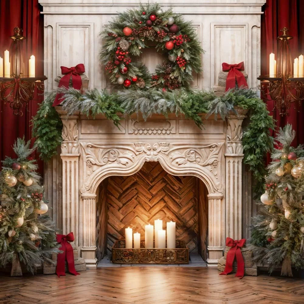 پس زمینه کریسمس شومینه با پرده قرمز کیت با تاج گل شمعی، پس زمینه عکس تعطیلات، لوازم استودیوی عکاسی کریسمس میکروفیبر 8x8 فوت