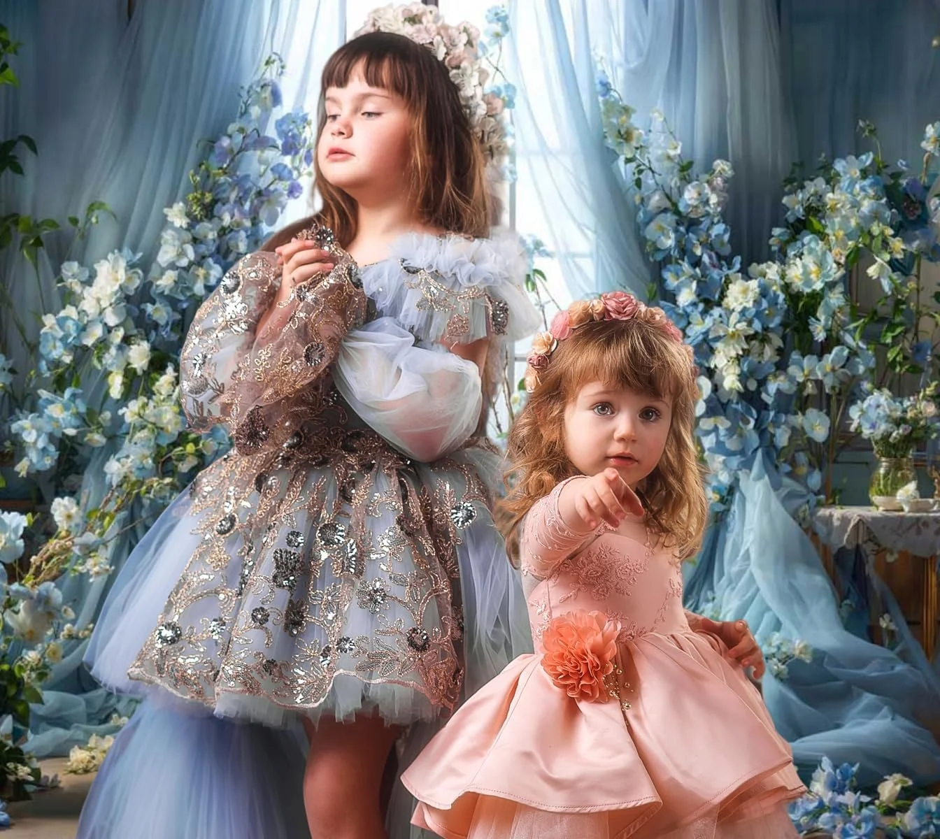 Kate Floral Blue Window Photography Background Wedding Bridal Shower Birthday Party Backdrop Cake Smash Children Adults Photography Photo Studio Props Backgrounds 2.2x1.5m/7x5ft