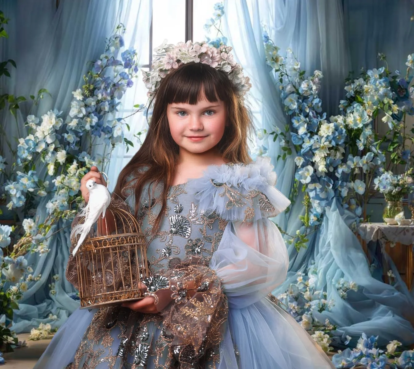 Kate Floral Blue Window Photography Background Wedding Bridal Shower Birthday Party Backdrop Cake Smash Children Adults Photography Photo Studio Props Backgrounds 2.2x1.5m/7x5ft