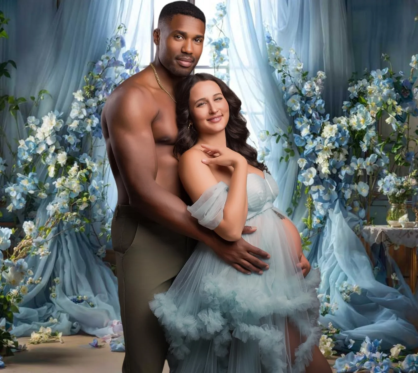 Kate Floral Blue Window Photography Background Wedding Bridal Shower Birthday Party Backdrop Cake Smash Children Adults Photography Photo Studio Props Backgrounds 2.2x1.5m/7x5ft