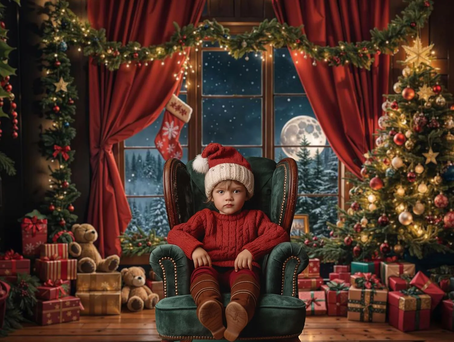 پس زمینه عکاسی کریسمس کیت 3x2.5 متر / 10x8 فوت، شب کریسمس داخلی، درخت کریسمس، پرده های قرمز، هدیه، پرتره تولد کودک، پس زمینه عکس، لوازم استودیو