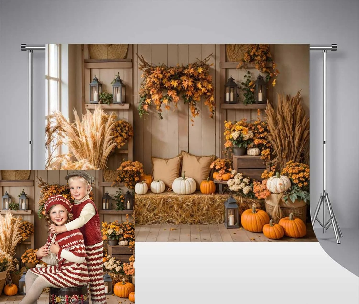 پس زمینه عکاسی کدو تنبل پاییزی کیت، پس زمینه برداشت پاییزی، کف چوبی کاه، برگ افرا، چمن پامپاس، پوشش نوزاد برای دکوراسیون جشن تولد و حمام نوزاد 2.2x1.5 متر / 7x5 فوت