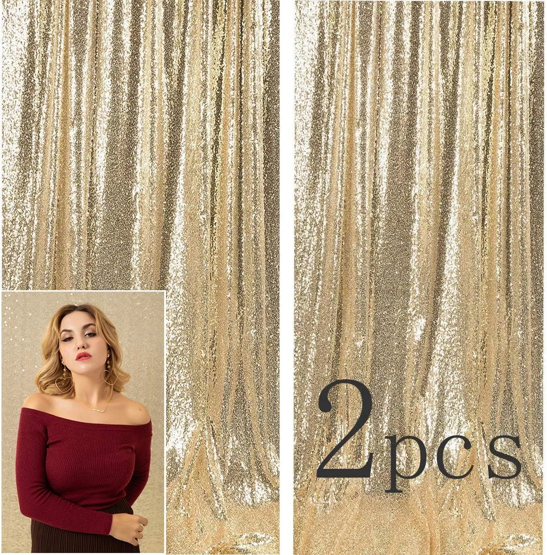 پس زمینه عکس کیت (X2) طلایی شامپاین، دکوراسیون عکاسی، مهمانی عروسی، پولک دار، فلش، غرفه عکس عروسی 1.25x2.2 متر