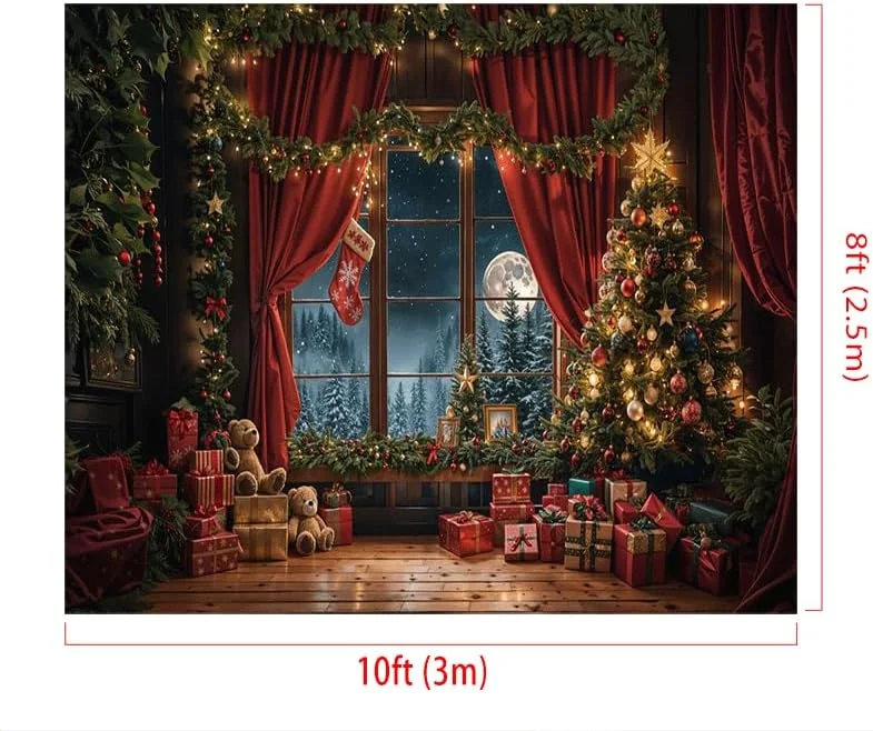 پس زمینه عکاسی کریسمس کیت 3x2.5 متر / 10x8 فوت، شب کریسمس داخلی، درخت کریسمس، پرده های قرمز، هدیه، پرتره تولد کودک، پس زمینه عکس، لوازم استودیو