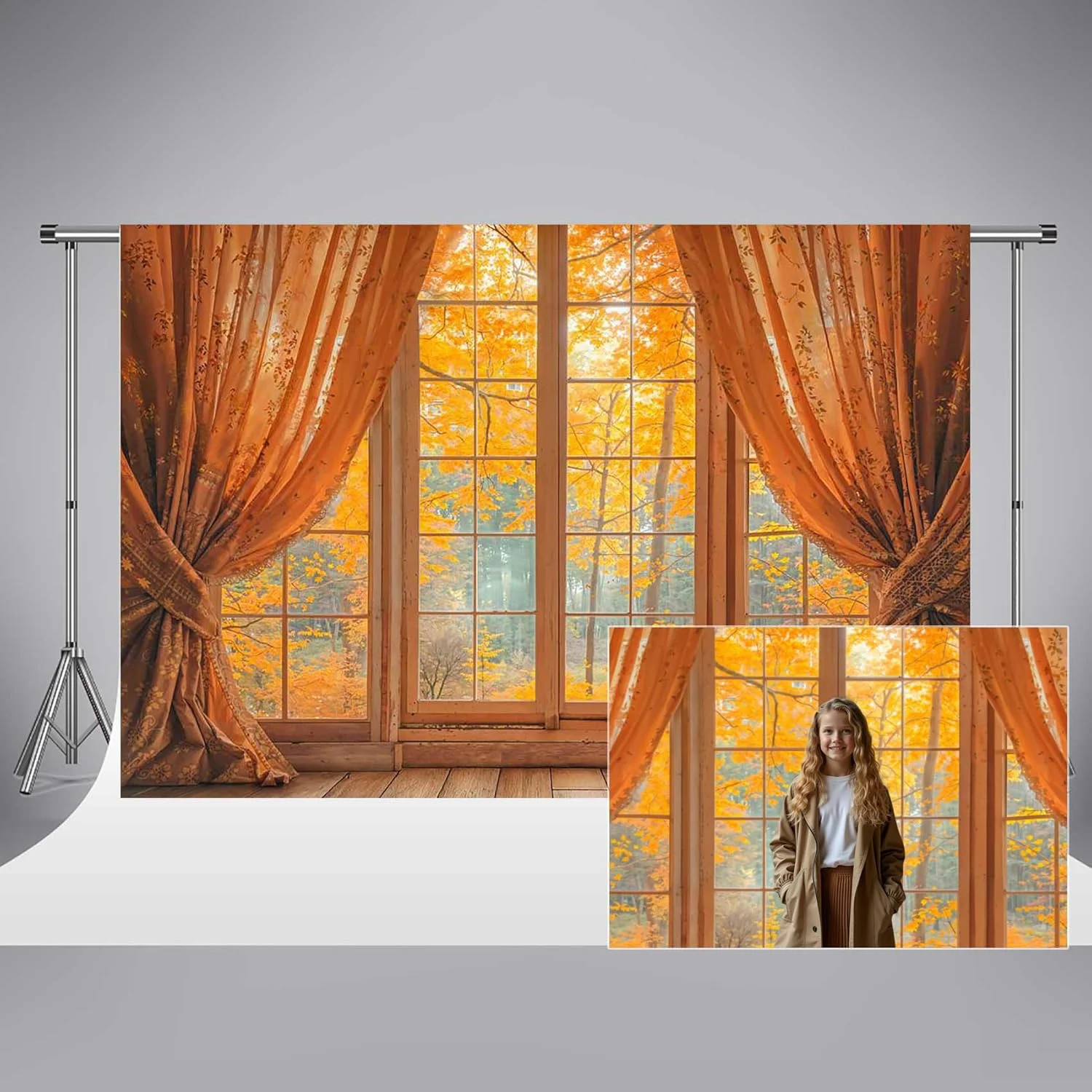 پس زمینه عکاسی جنگل پاییزی کیت، 2.2x1.5 متر، پنجره چوبی بزرگ، پس زمینه عکس پاییزی، پرده های برگی، بنر مهمانی، دکور، پرتره، لوازم استودیویی