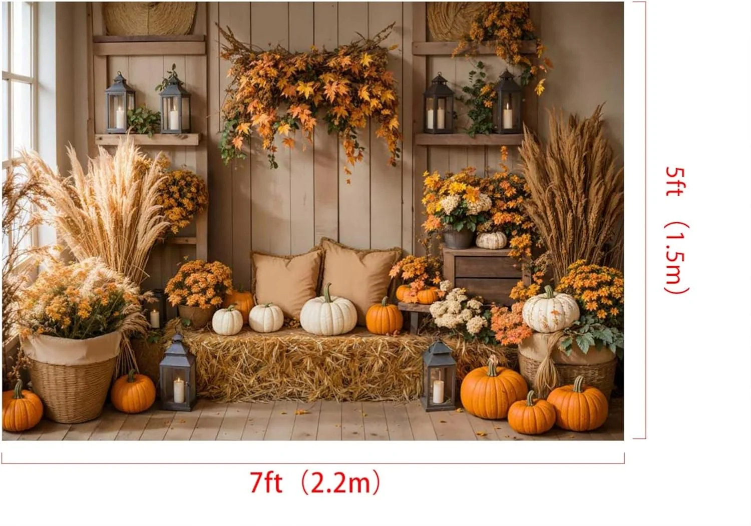 پس زمینه عکاسی کدو تنبل پاییزی کیت، پس زمینه برداشت پاییزی، کف چوبی کاه، برگ افرا، چمن پامپاس، پوشش نوزاد برای دکوراسیون جشن تولد و حمام نوزاد 2.2x1.5 متر / 7x5 فوت