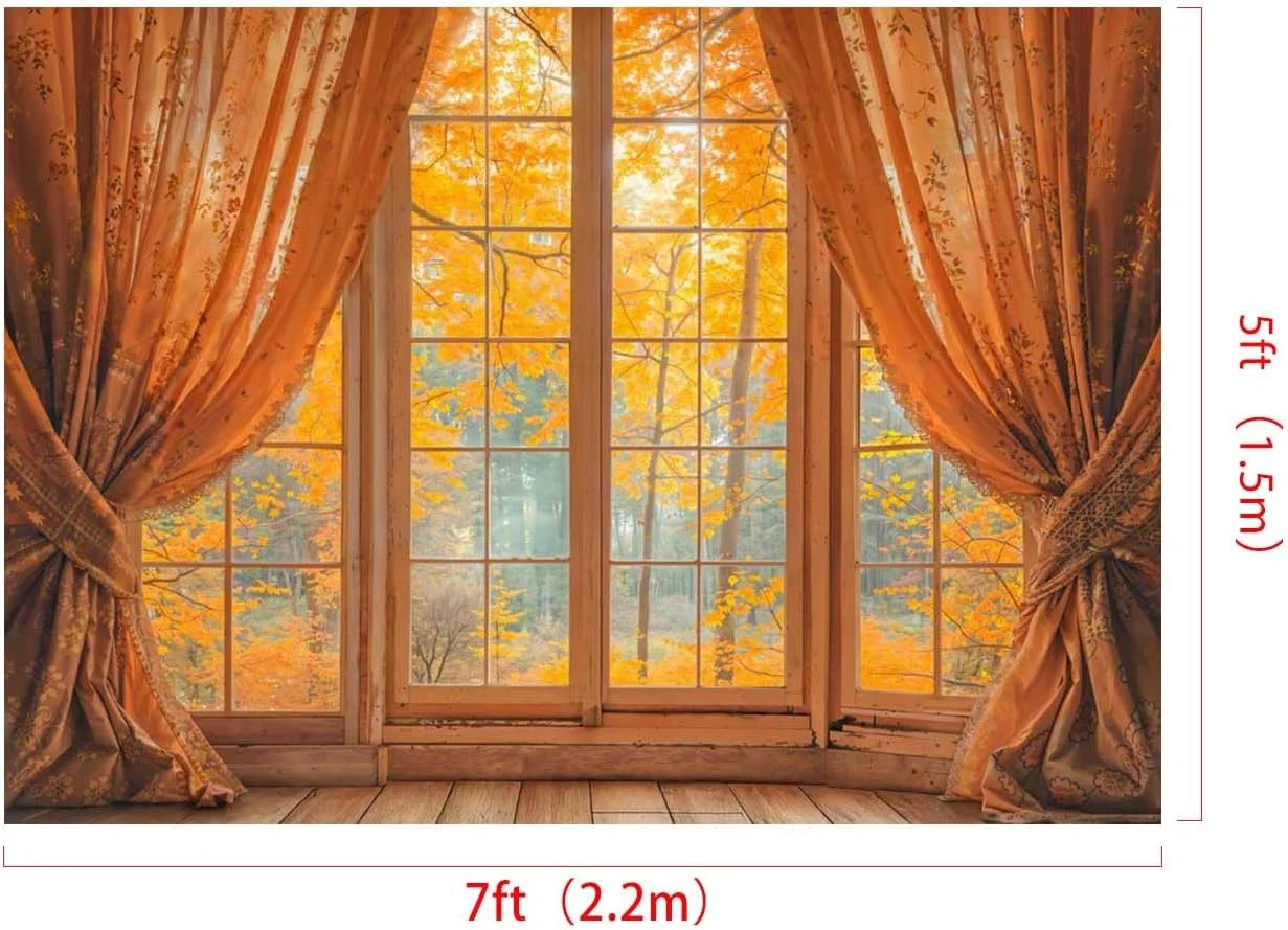 پس زمینه عکاسی جنگل پاییزی کیت، 2.2x1.5 متر، پنجره چوبی بزرگ، پس زمینه عکس پاییزی، پرده های برگی، بنر مهمانی، دکور، پرتره، لوازم استودیویی