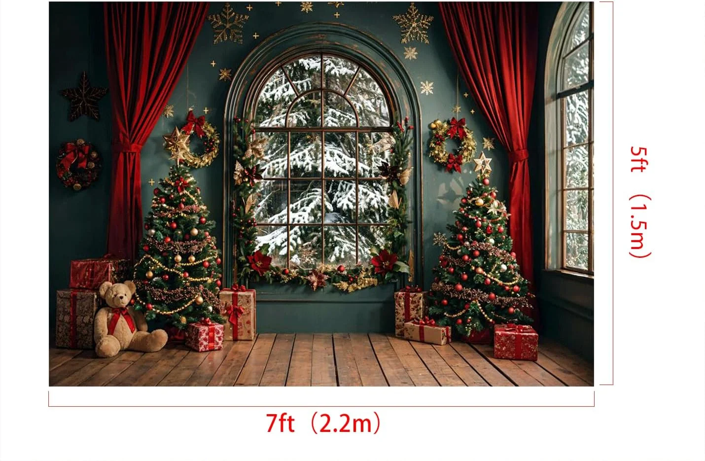 پس زمینه های عکاسی کیت 2.2x1.5 متر / 7x5 فوت، تاج گل کریسمس، خرس اسباب بازی، پرده، پنجره قوسی سبز تیره قرمز، پس زمینه دکور پرتره خانوادگی کودک، استودیوی عکس