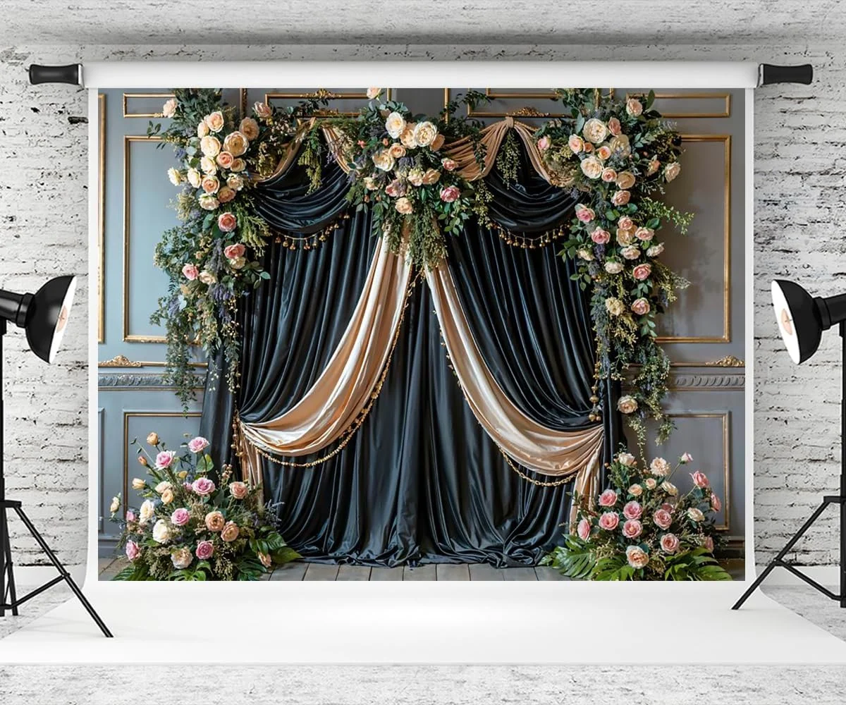 پس زمینه عکاسی داخلی کیت، پرده های آبی شامپاین با گل، مناسب دکوراسیون، پس زمینه عکاسی عروسی، مهمانی بارداری، لوازم استودیویی برای عکس و فیلم، سایز 7×5 فوت