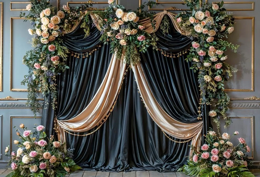 پس زمینه عکاسی داخلی کیت، پرده های آبی شامپاین با گل، مناسب دکوراسیون، پس زمینه عکاسی عروسی، مهمانی بارداری، لوازم استودیویی برای عکس و فیلم، سایز 7×5 فوت