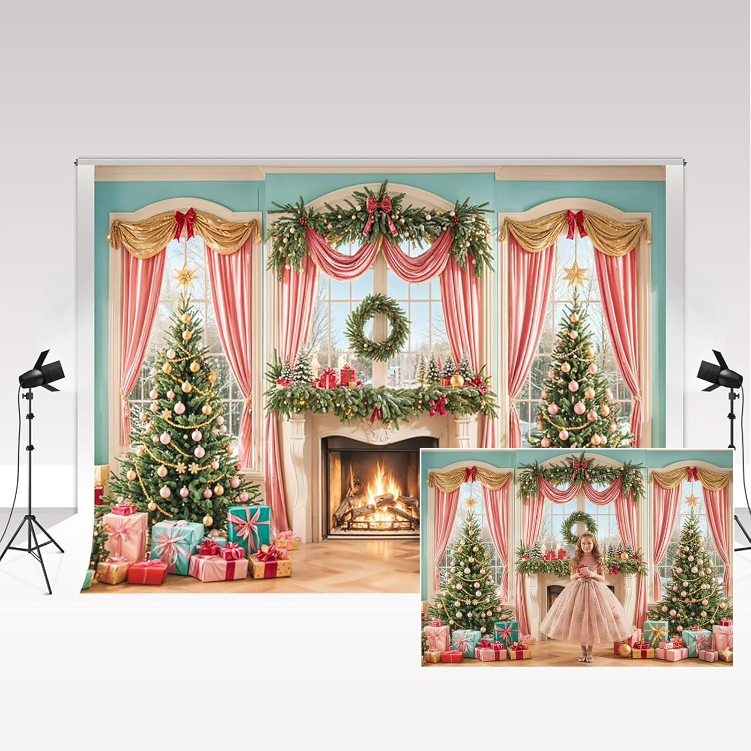 پس زمینه های عکاسی کریسمس کیت 2.2x1.5 متر / 7x5 فوت، درخت کریسمس، شومینه، پرده های صورتی، هدایا، پس زمینه تزئینی، تولد کودکان، پس زمینه عکس پرتره خانوادگی