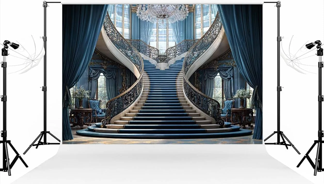 پس زمینه عکس لوکس اروپایی کیت با ابعاد 2.2×1.5 متر، راه پله کلاسیک، لوستر کریستالی، پرده، پس زمینه عکاسی داخلی برای استودیو عکس، لوازم عکاسی