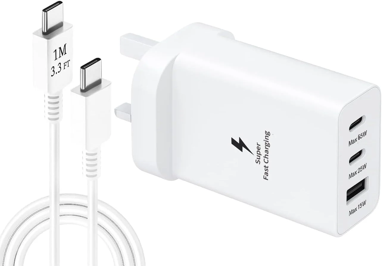 شارژر دیواری چند پورت فوق سریع 65 واتی با کابل بافته شده USB-C یک متری، آداپتور 3 پورت PD 3.0 PPS، دوشاخه شارژ سریع Type-C برای تلفن های هوشمند، تبلت ها، لپ تاپ ها - سفید