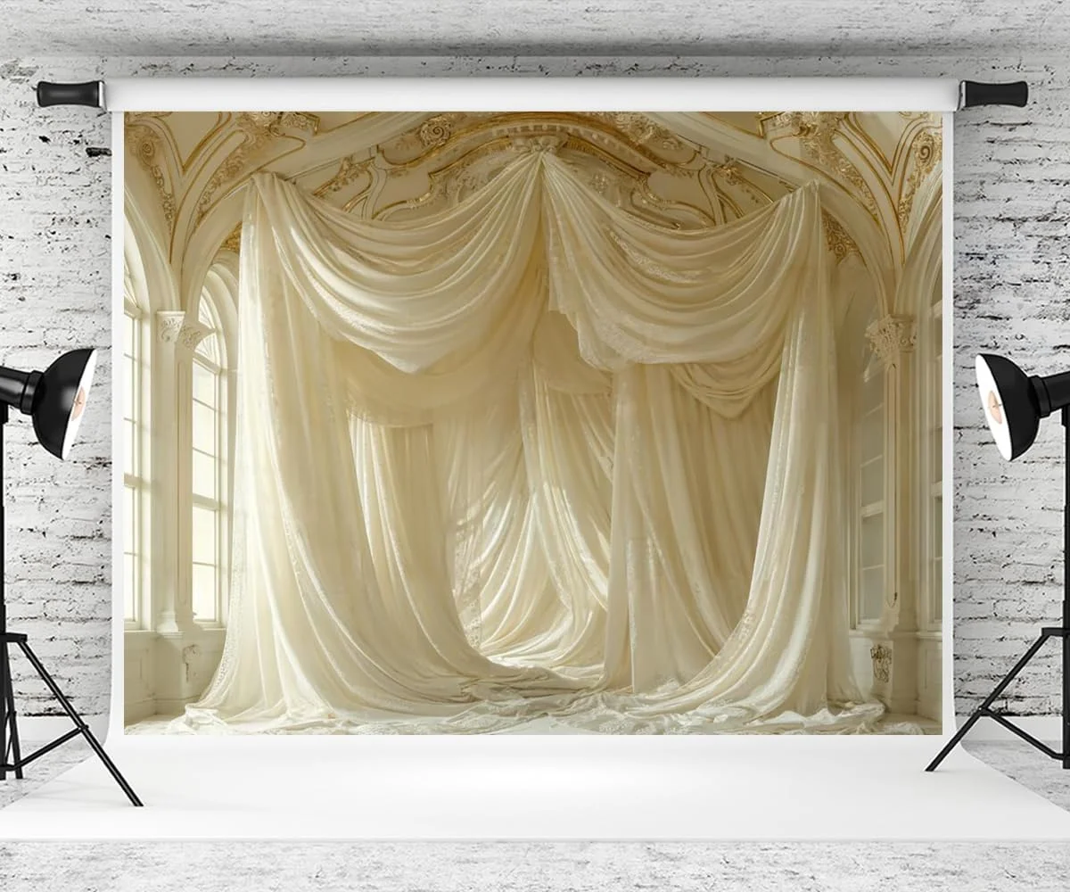 پس زمینه عکاسی داخلی 7×5 فوت کیت، پرده قلعه ای بژ، دکوراسیون، پس زمینه مهمانی عروسی، بنر مهمانی، عکس استودیویی