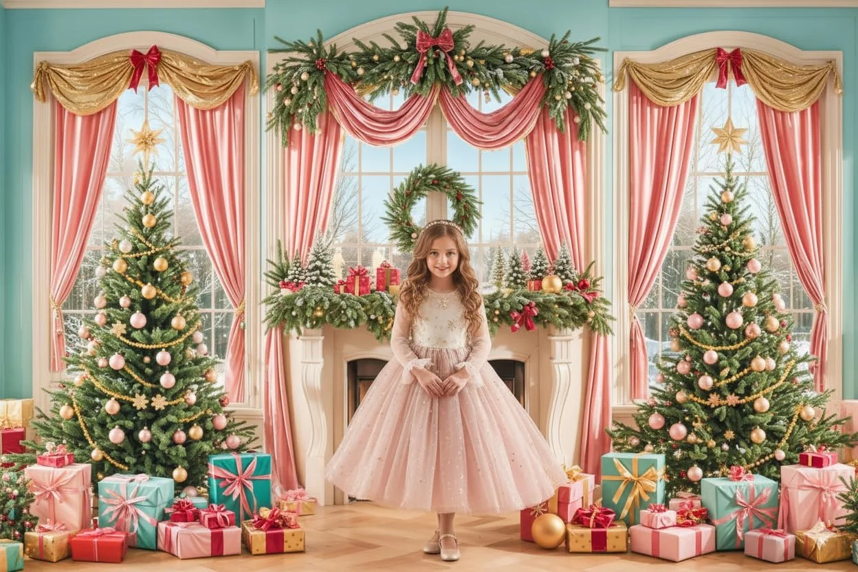 پس زمینه های عکاسی کریسمس کیت 2.2x1.5 متر / 7x5 فوت، درخت کریسمس، شومینه، پرده های صورتی، هدایا، پس زمینه تزئینی، تولد کودکان، پس زمینه عکس پرتره خانوادگی