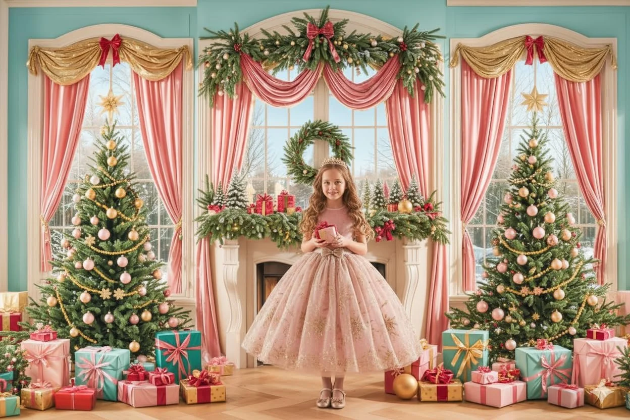 پس زمینه های عکاسی کریسمس کیت 2.2x1.5 متر / 7x5 فوت، درخت کریسمس، شومینه، پرده های صورتی، هدایا، پس زمینه تزئینی، تولد کودکان، پس زمینه عکس پرتره خانوادگی