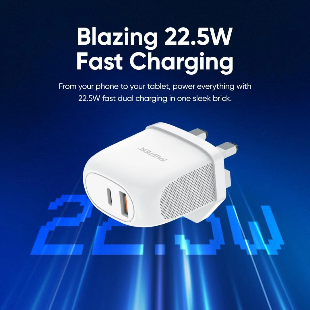 شارژر دیواری دو پورت 22.5 واتی Faster V400B به همراه کابل شارژ سریع 100 سانتی متری - آداپتور USB-C و USB-A جمع و جور با قابلیت PD Power Delivery و محافظت ایمنی برای تلفن های اندرویدی، هدفون و دستگاه های Type-C