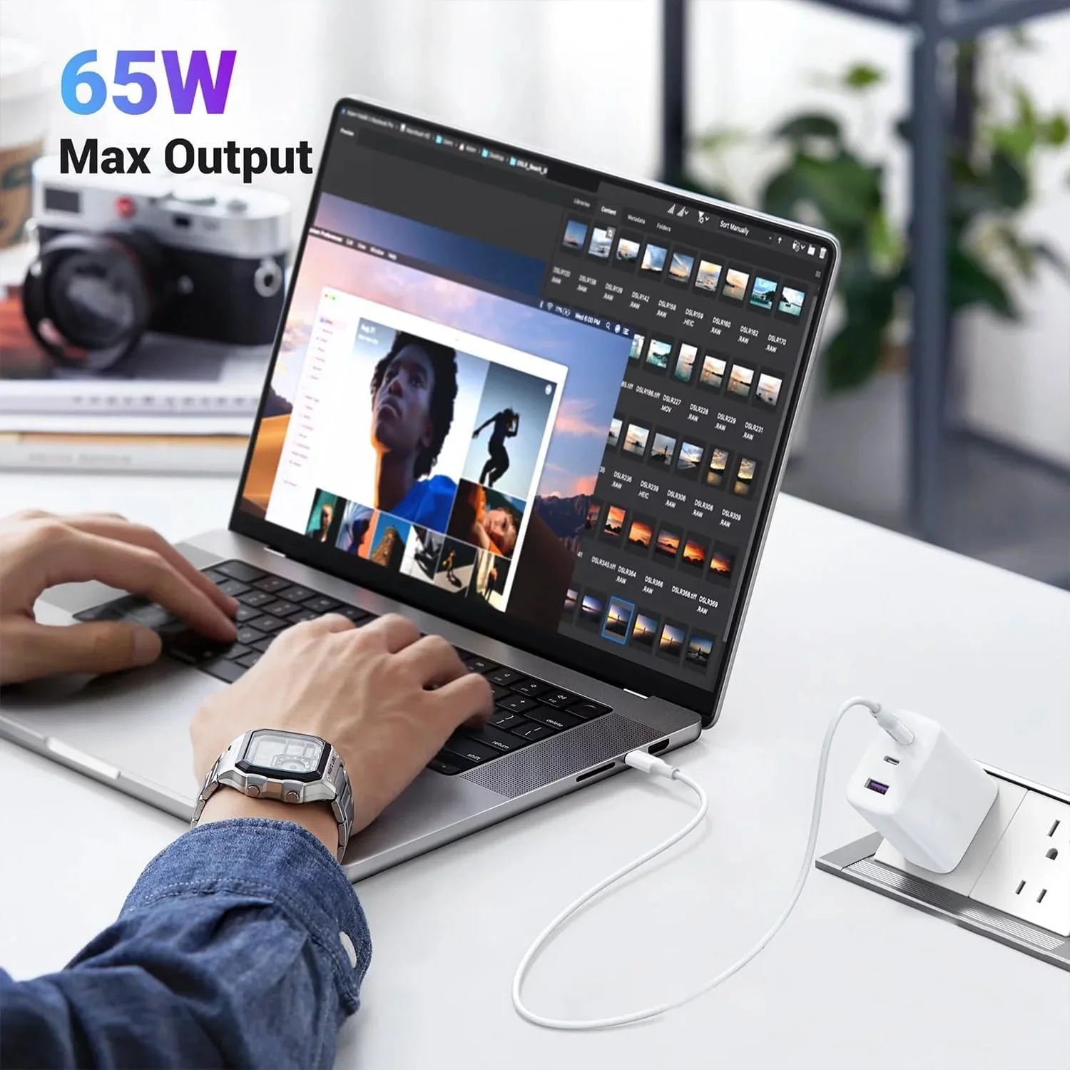 شارژر دیواری چند پورت فوق سریع 65 واتی با کابل بافته شده USB-C یک متری، آداپتور 3 پورت PD 3.0 PPS، دوشاخه شارژ سریع Type-C برای تلفن های هوشمند، تبلت ها، لپ تاپ ها - سفید