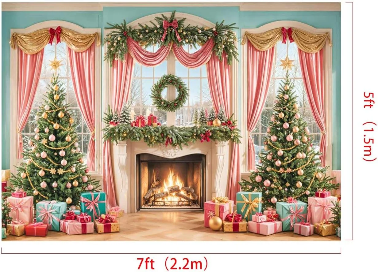 پس زمینه های عکاسی کریسمس کیت 2.2x1.5 متر / 7x5 فوت، درخت کریسمس، شومینه، پرده های صورتی، هدایا، پس زمینه تزئینی، تولد کودکان، پس زمینه عکس پرتره خانوادگی